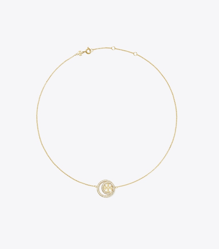 Tory Burch designer ネックレス ミラー ダブルリング ペンダント in Tory Gold / Crystal front