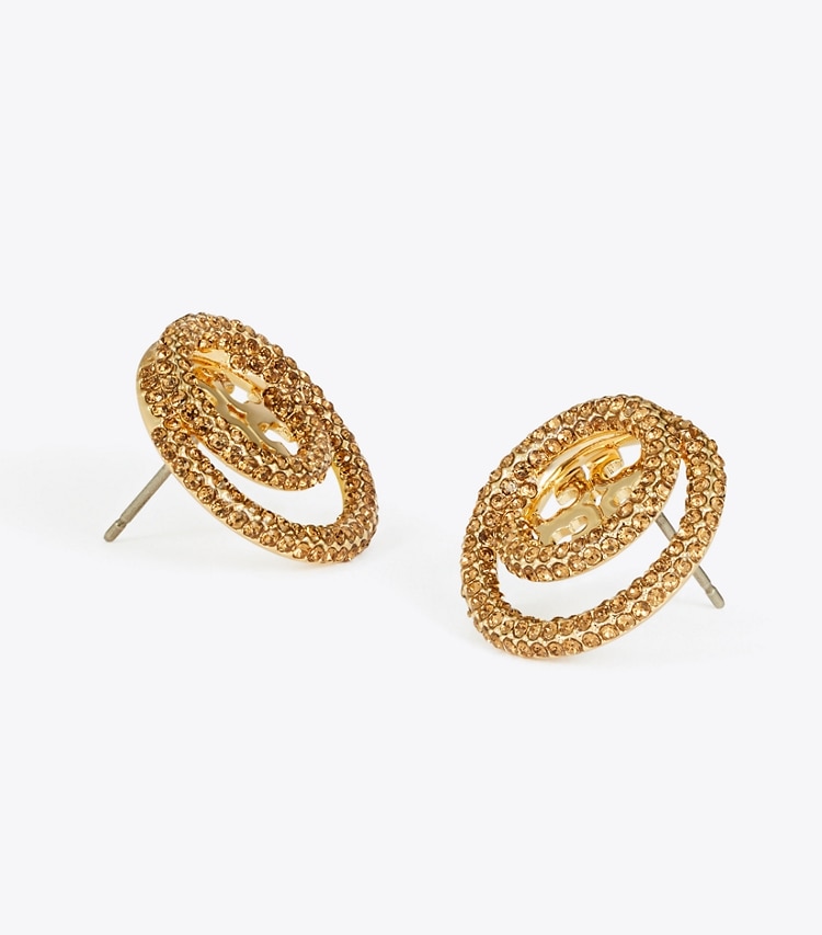 Tory Burch designer earrings Icon Pavé Double Ring Stud Earrings in Tory Gold / Smoky Topaz detail