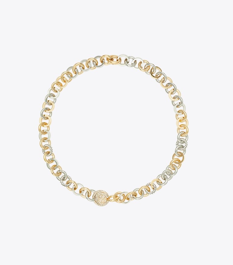 Tory Burch designer halsketten Icon Pavé-Halskette in Tory Gold / Tory Silver / Crystal front