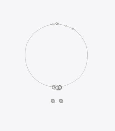 Tory Burch designer schmuckkästchen Icon Pavé-Halskette und Ohrringe im Geschenkset in Tory Silver / Crystal front