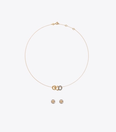 Tory Burch designer schmuckkästchen Icon Pavé-Halskette und Ohrringe im Geschenkset in Tory Gold / Crystal front