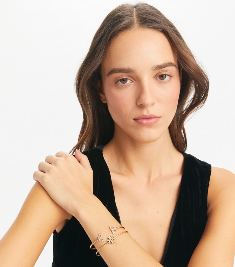 Tory Burch designer bracelets Icon Pavé Hinged Cuff in Tory Gold / Crystal accessory on model