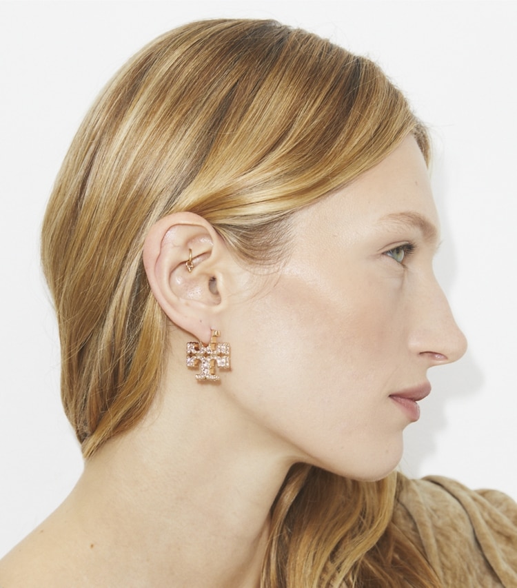 Tory Burch designer earrings Icon Pavé Hoop Earrings in Tory Gold / Pink accessory on model