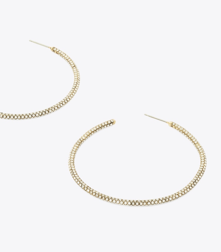 Tory Burch designer earrings Icon Pavé Hoop Earrings in Tory Gold / Crystal detail
