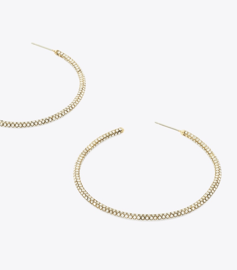 Tory Burch designer earrings Icon Pavé Hoop Earrings in Tory Gold / Crystal front