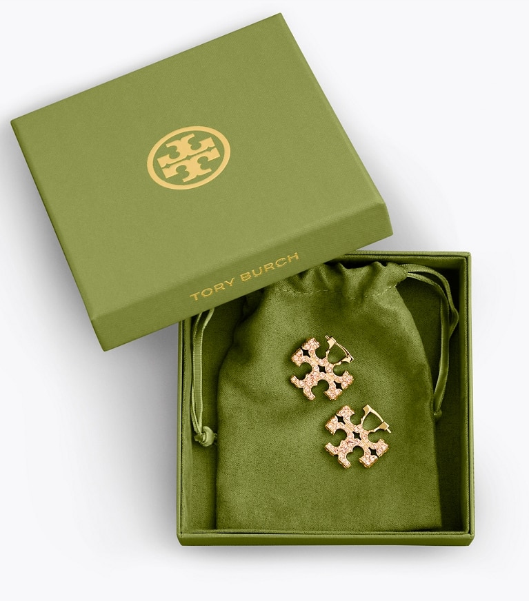 Tory Burch designer earrings Icon Pavé Hoop Earrings in Tory Gold / Pink front