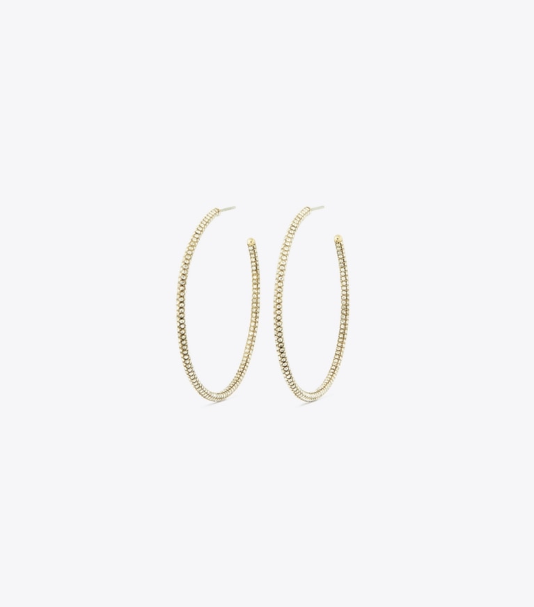 Tory Burch designer earrings Icon Pavé Hoop Earrings in Tory Gold / Crystal front