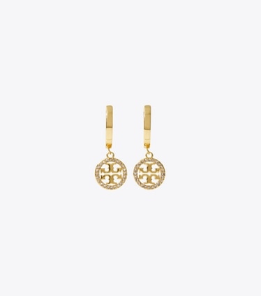 Tory Burch designer earrings Icon Pavé Hoop Earrings in Tory Gold / Crystal front