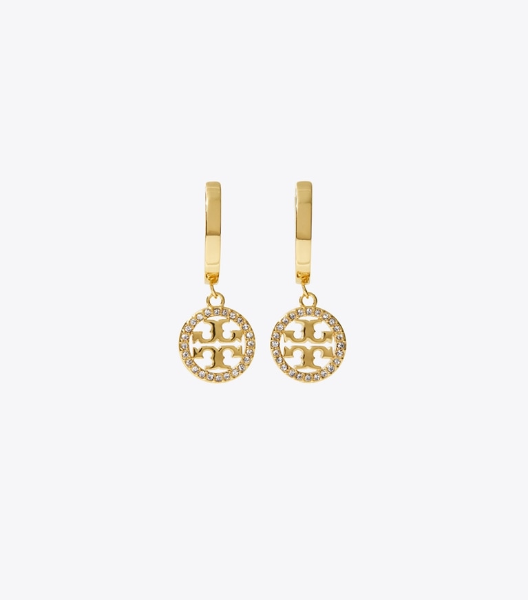Tory Burch designer earrings Icon Pavé Hoop Earrings in Tory Gold / Crystal front