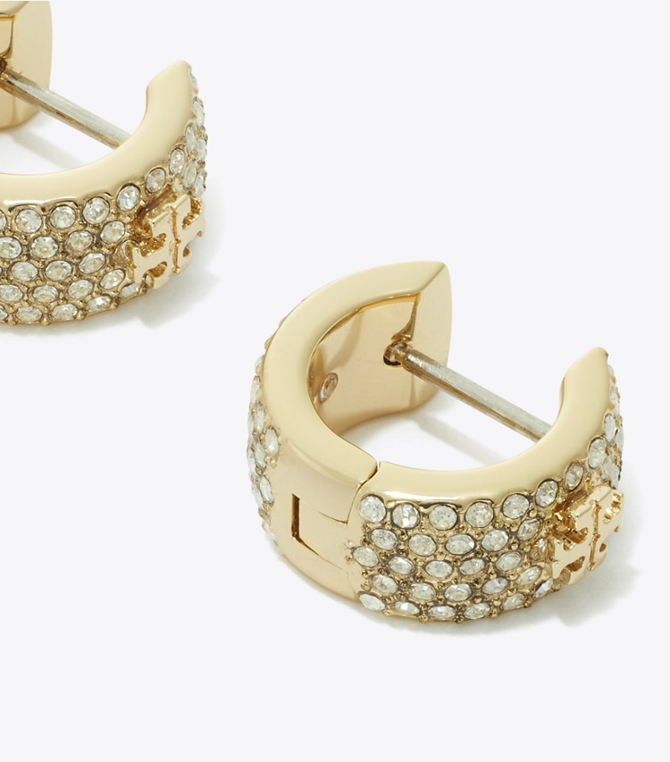 Tory Burch designer earrings Icon Pavé Huggie Earrings in Tory Gold / Crystal detail