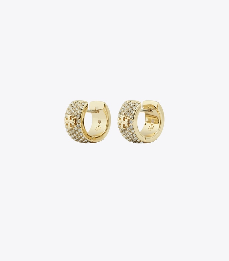 Tory Burch designer earrings Icon Pavé Huggie Earrings in Tory Gold / Crystal front