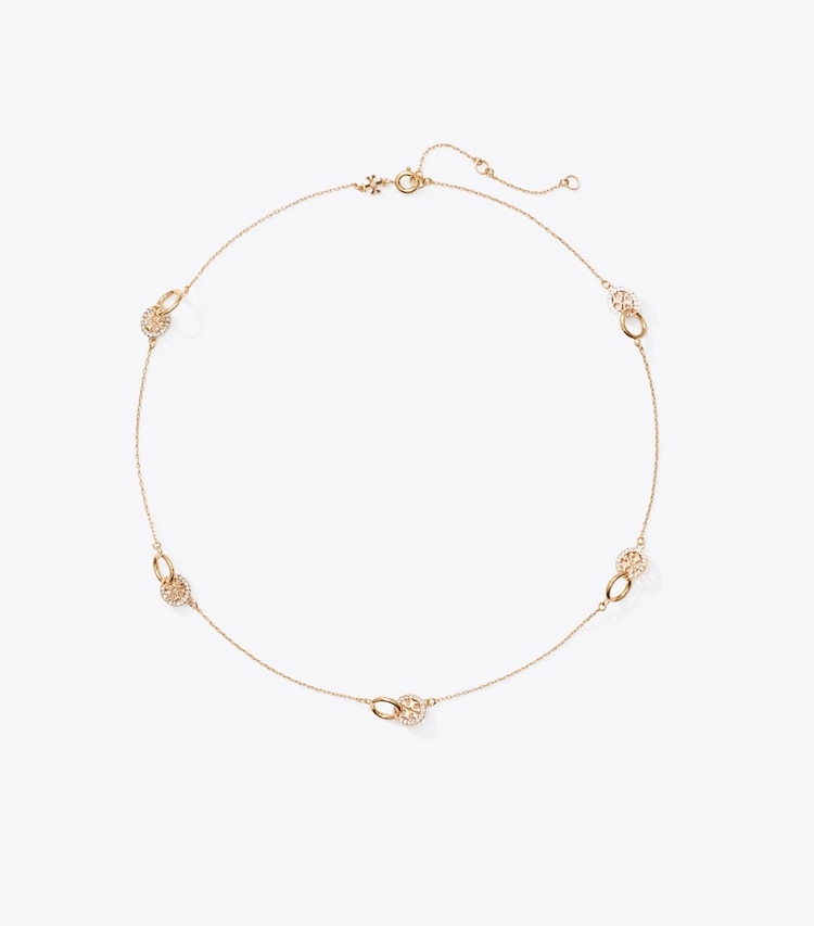 Tory Burch designer necklaces Icon Pavé Interlocking Necklace in Tory Gold / Crystal front