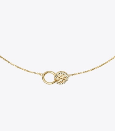 Tory Burch designer necklaces Icon Pavé Interlocking Pendant Necklace in Tory Gold / Crystal detail