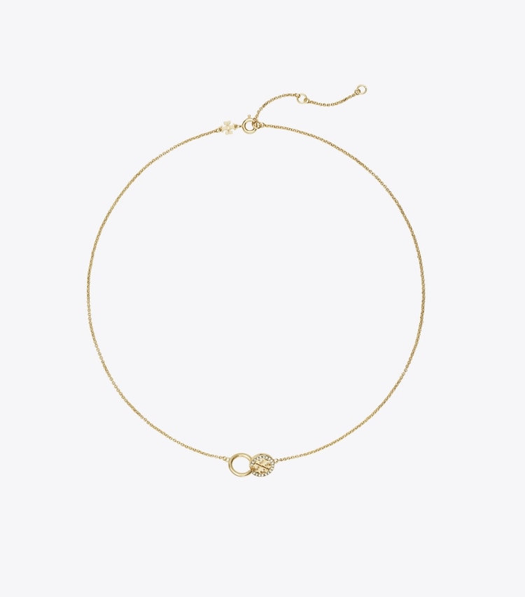 Tory Burch designer necklaces Icon Pavé Interlocking Pendant Necklace in Tory Gold / Crystal front
