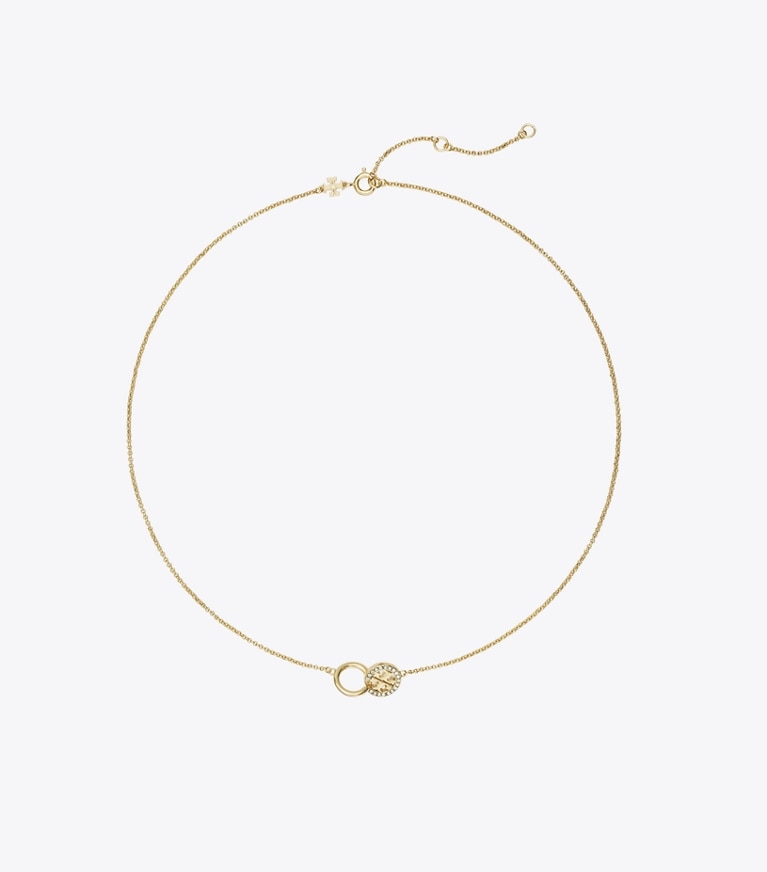 Tory Burch designer necklaces Icon Pavé Interlocking Pendant Necklace in Tory Gold / Crystal front