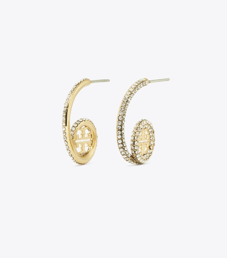 Tory Burch designer earrings Icon Pavé Loop Earrings in Tory Gold / Crystal front