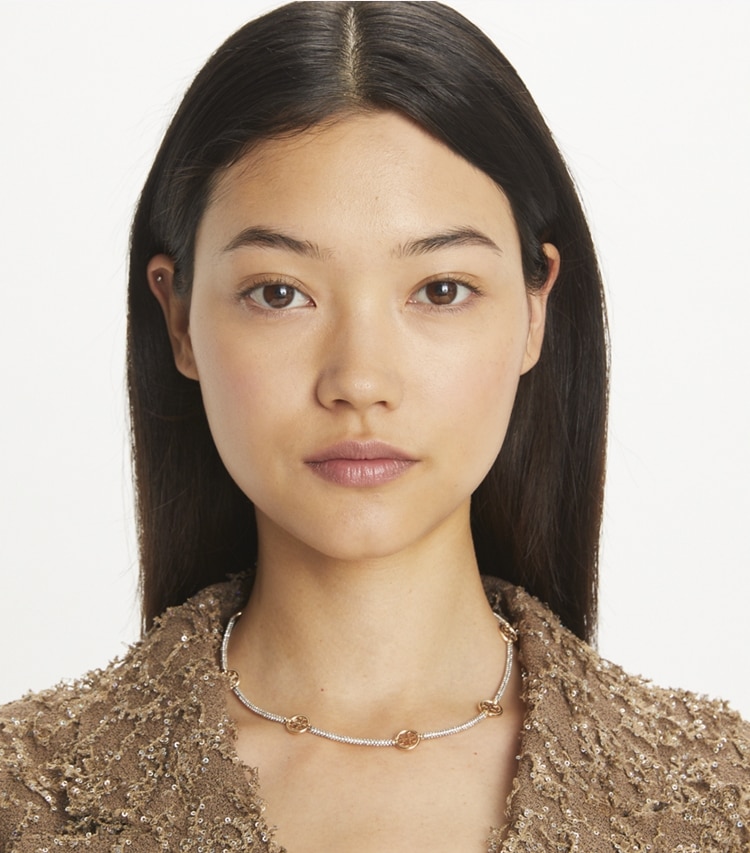 Tory Burch designer necklaces Icon Pavé Necklace in Tory Gold / Crystal accessory on model