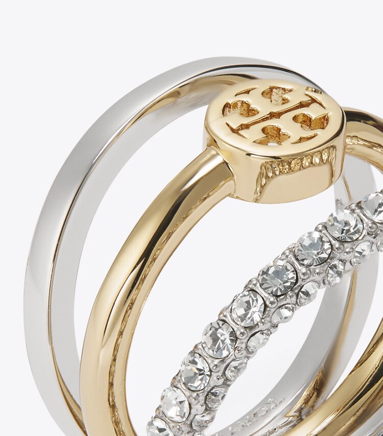 Tory Burch designer リング ミラー パヴェ スタッキングリング in Tory Gold / Tory Silver / Crystal ディテール