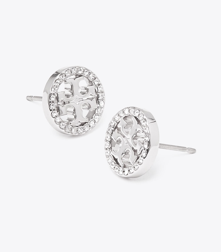 Tory Burch designer earrings Icon Pavé Stud Earrings in Tory Silver/Crystal detail