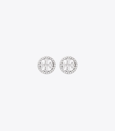 Tory Burch designer イヤリング&ピアス アイコン パヴェ スタッズピアス in Tory Silver/Crystal front