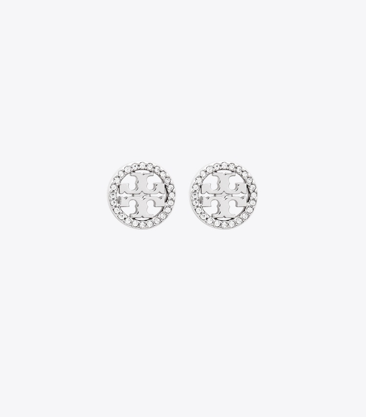 Tory Burch designer earrings Icon Pavé Stud Earrings in Tory Silver/Crystal front