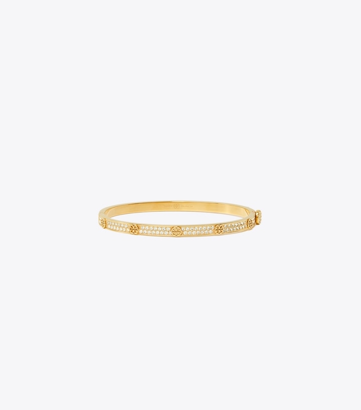 Tory Burch designer bracelets Icon Pavé Thin Hinge Bracelet in Tory Gold / Crystal front