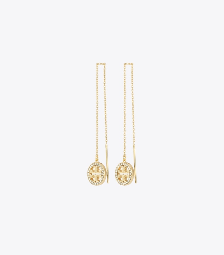 Tory Burch designer earrings Icon Pavé Threader Earrings in Tory Gold / Crystal front