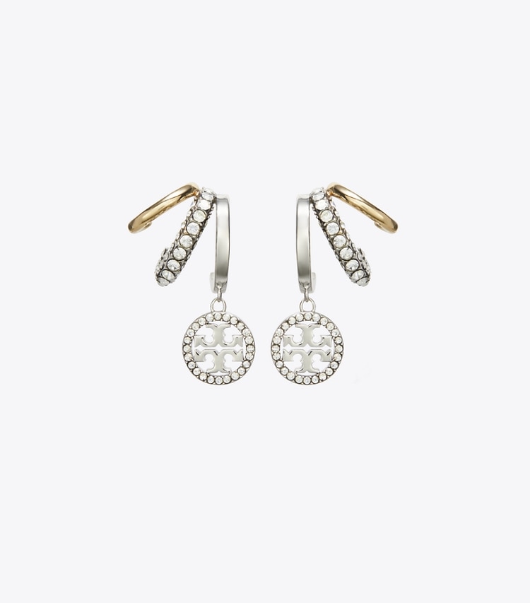 Tory Burch designer earrings Icon Pavé Triple Hoop Earrings in Tory Gold / Tory Silver / Crystal detail
