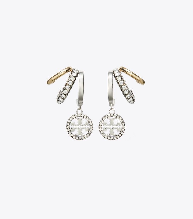 Tory Burch designer earrings Icon Pavé Triple Hoop Earrings in Tory Gold / Tory Silver / Crystal front