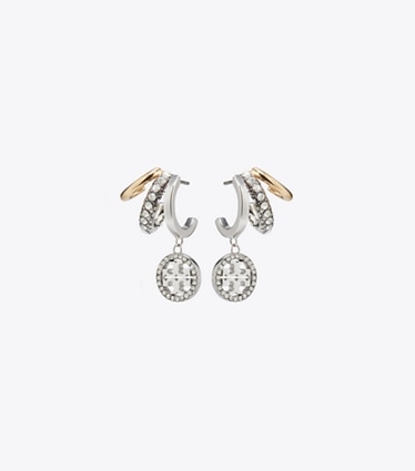 Tory Burch designer earrings Icon Pavé Triple Hoop Earrings in Tory Gold / Tory Silver / Crystal front