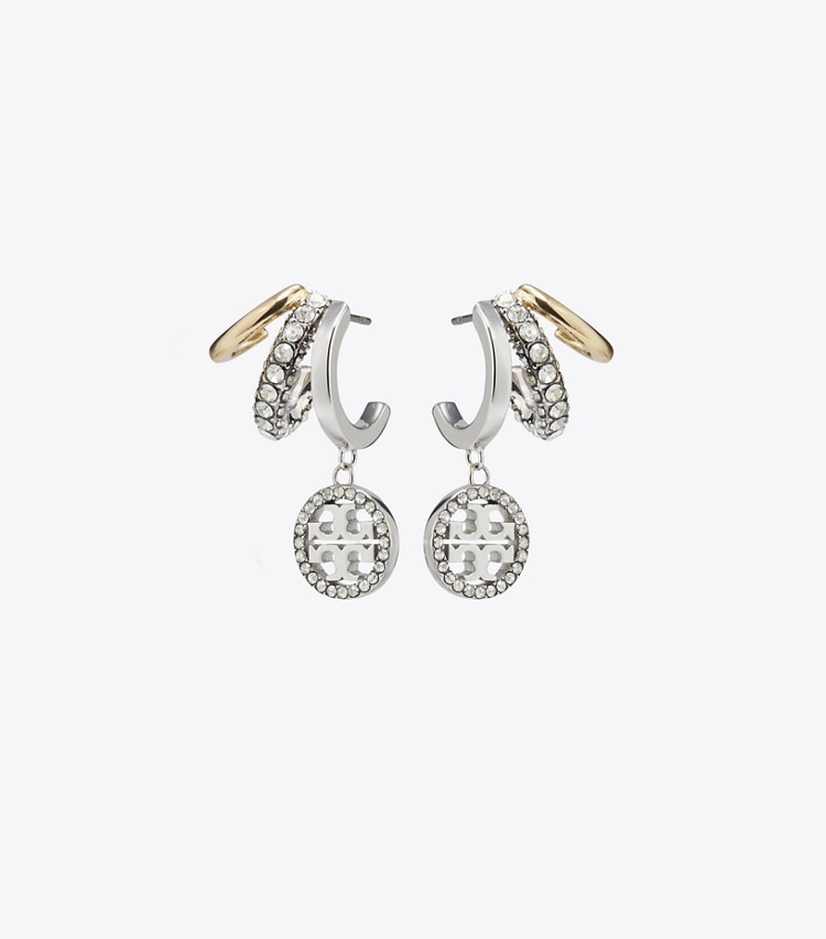 Tory Burch designer earrings Icon Pavé Triple Hoop Earrings in Tory Gold / Tory Silver / Crystal front