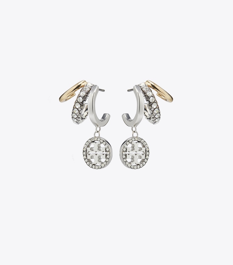 Tory Burch designer earrings Icon Pavé Triple Hoop Earrings in Tory Gold / Tory Silver / Crystal front