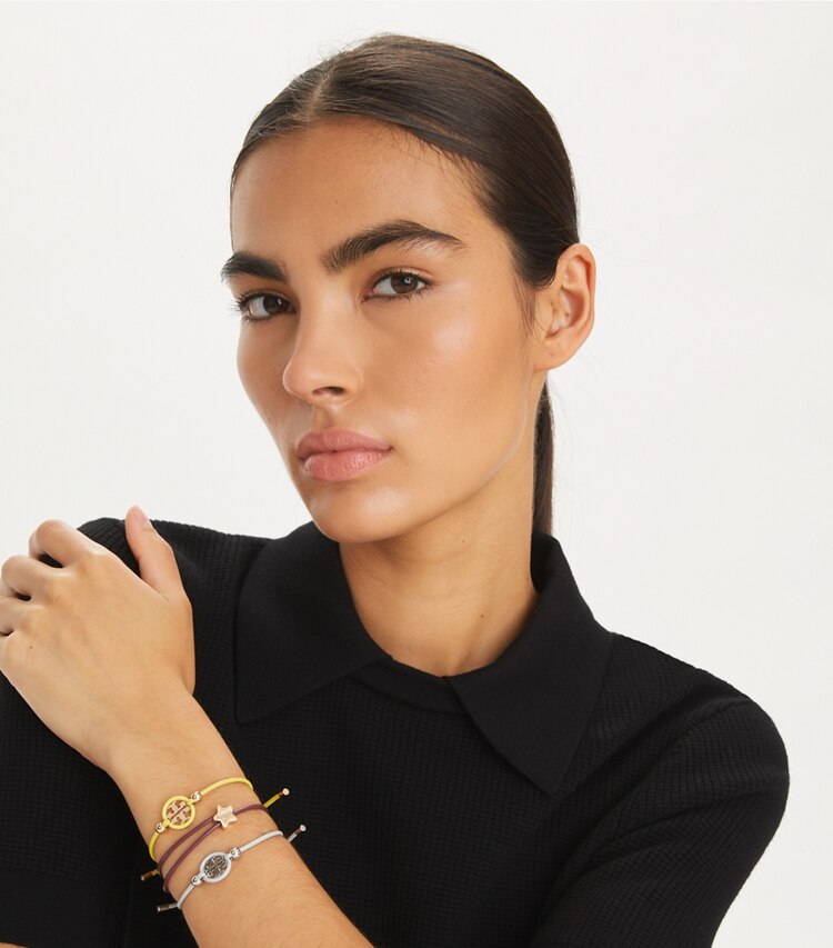 Tory Burch designer bracelets Icon Slider Bracelet in Tory Silver / Light Blue accessory on model