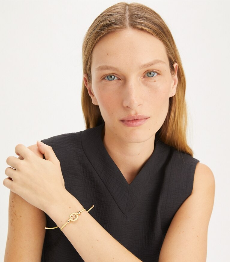 Tory Burch designer armbänder Icon Slider Bracelet in Tory Gold / Frozen Zest front
