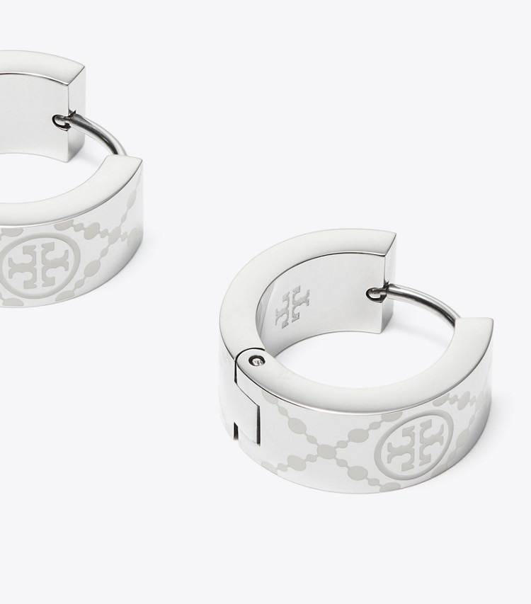 Tory Burch designer earrings Icon Small T Monogram Hoop Earrings in Tory Silver / Ivory detail