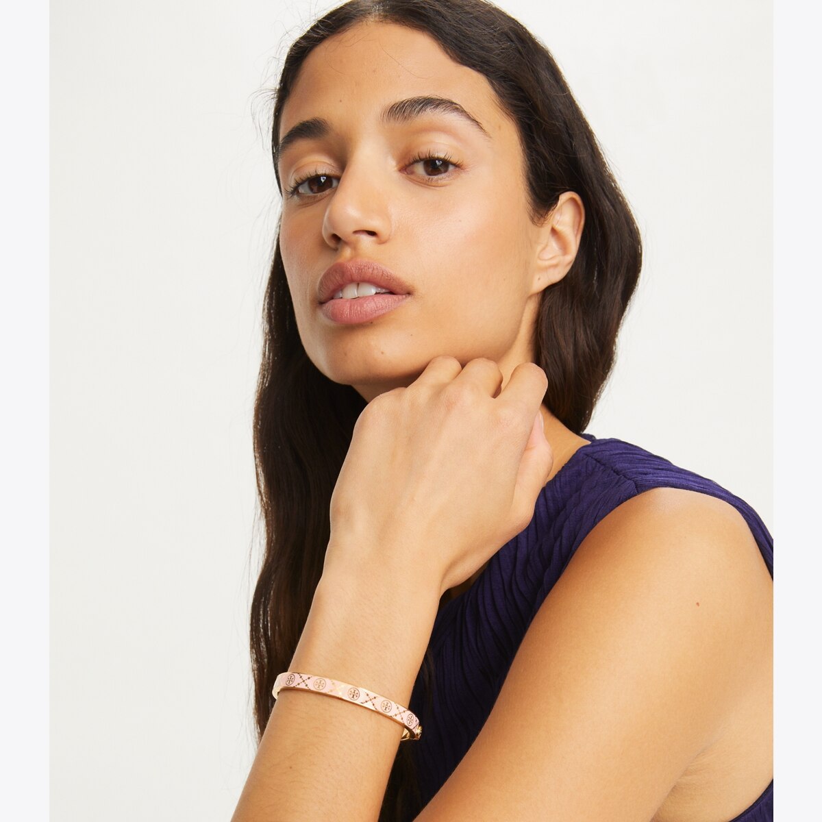 Tory Burch Cream Enamel and Gold Logo Hinge Bangle Icon Double Bracelet | Neiman Marcus main image 3