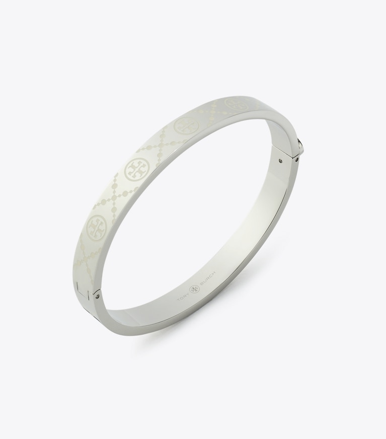 Tory Burch designer bracelets Icon T Monogram Hinge Bracelet in Tory Silver / Ivory front
