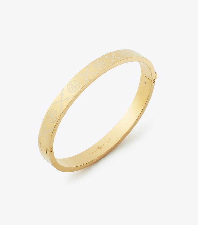 Tory Burch designer bracelets Icon T Monogram Hinge Bracelet in Tory Gold / New Ivory front