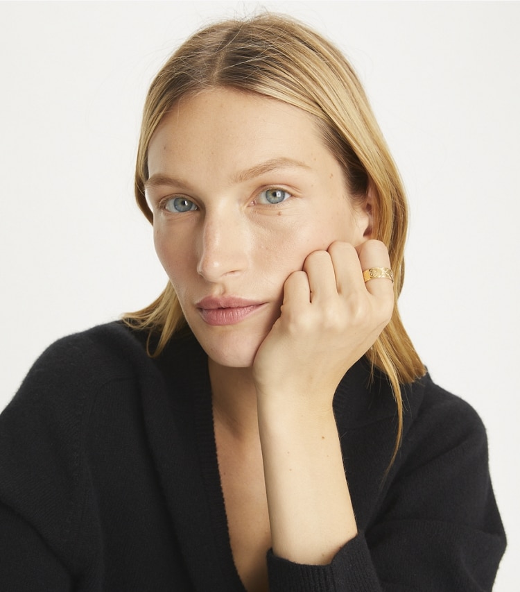 Tory Burch designer rings Icon T Monogram Ring in Tory Gold accessory on model