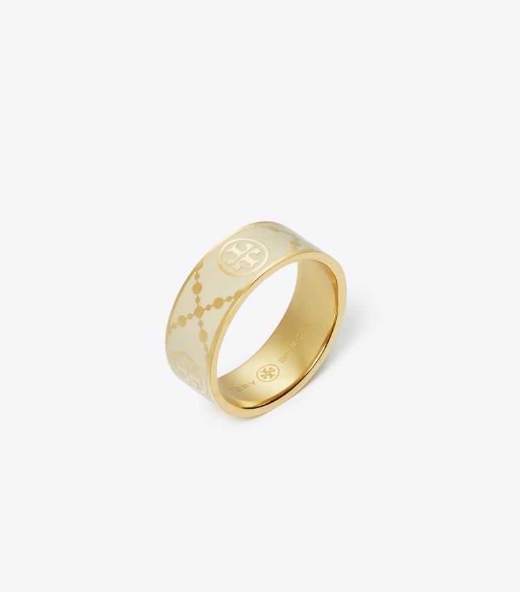 Tory Burch designer リング Tモノグラム エナメルリング in Tory Gold / New Ivory angle