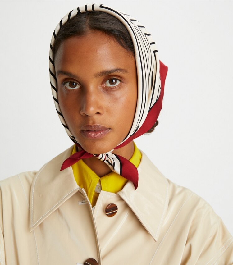 Tory Burch designer scarves Illusion Stripe Silk Neckerchief in Illusion Stripe Cream accessory on model