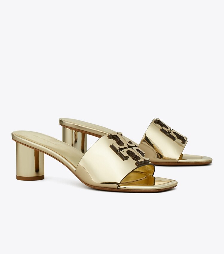 Tory Burch designer sandals Ines Heeled Mule in CRASH GOLD / GOLD angle