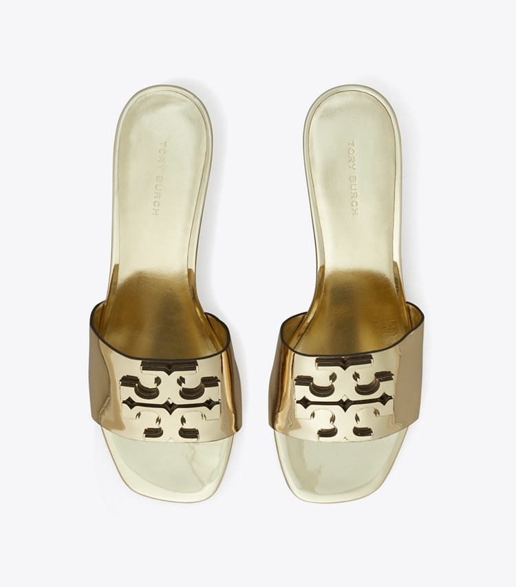 Tory Burch designer sandals Ines Heeled Mule in CRASH GOLD / GOLD overhead