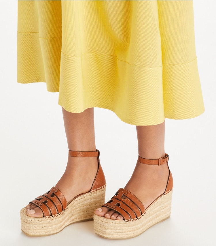Tory Burch designer espadrilles Ines Platform Espadrille Wedge in SPARK GOLD accessory on model