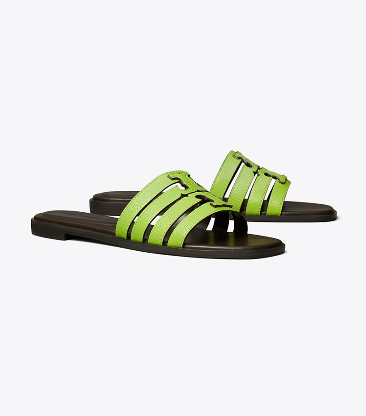 Tory Burch designer sandalen Ines Riemchen-Slide in LIGHT CHARTREUSE / COCOA angle