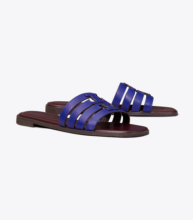 Tory Burch designer sandalen Ines Riemchen-Slide in ULTRA MARINE BLUE / PLUM angle