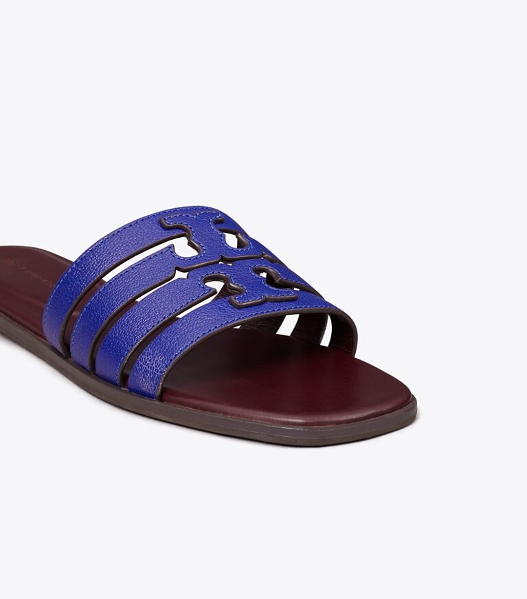 Tory Burch designer sandalen Ines Riemchen-Slide in ULTRA MARINE BLUE / PLUM angle