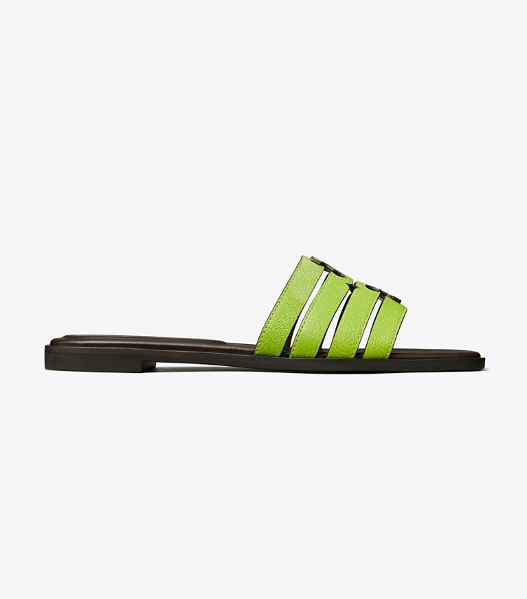Tory Burch designer sandalen Ines Riemchen-Slide in LIGHT CHARTREUSE / COCOA angle