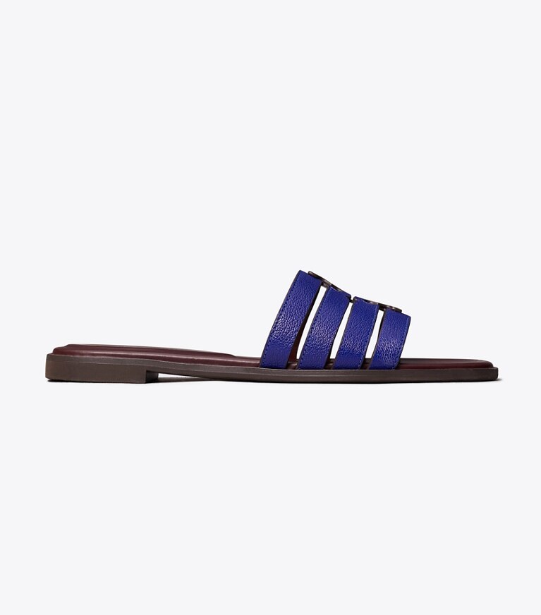 Tory Burch designer sandalen Ines Riemchen-Slide in ULTRA MARINE BLUE / PLUM angle