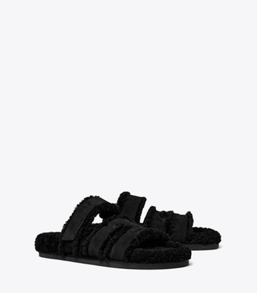 Tory Burch designer sandals Ines Shearling Sport Slide in PERFECT BLACK / BLACK angle